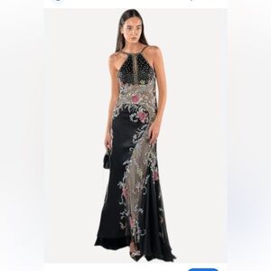 Black Maxi Dress with Pink Floral Embroidery Dolce Jovani